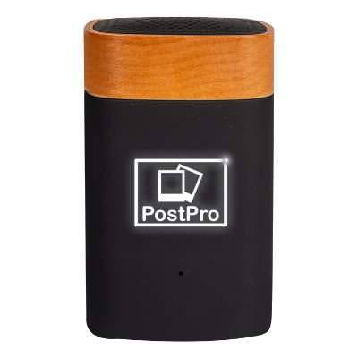 Maple plastic speaker with an engraved logo.