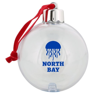 Clear plastic ornament with a branded logo
