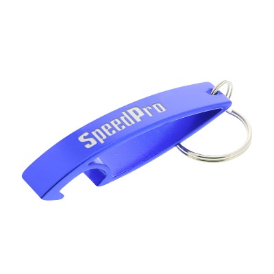 Metal silver contemporary bottle opener with laser engraved personalized logo.