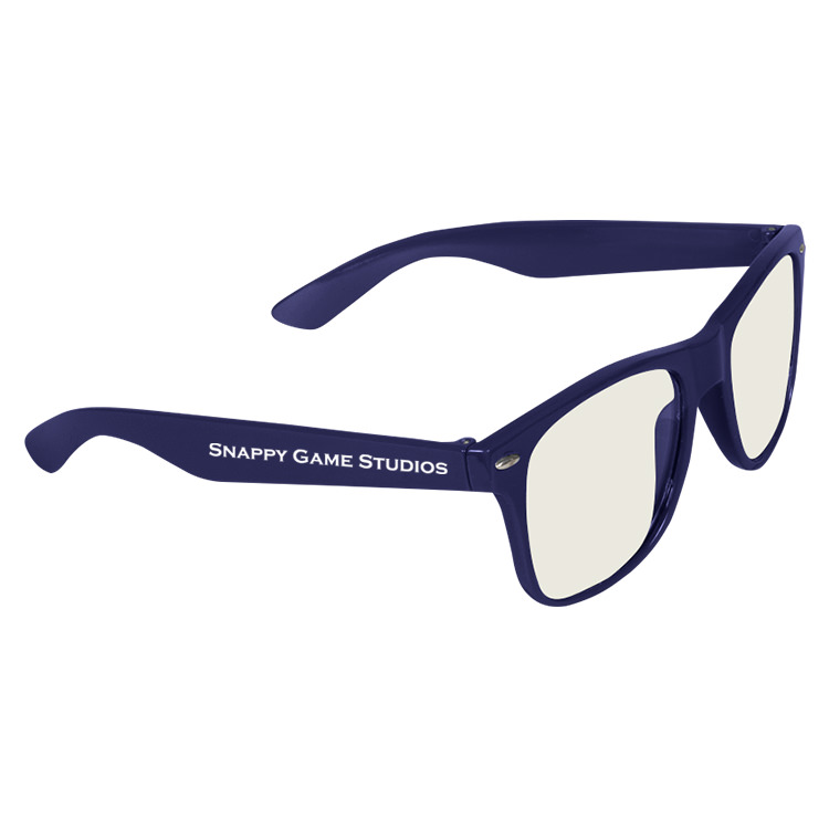 Plastic blue blocker glasses.