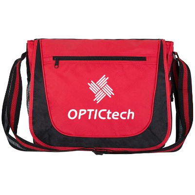 Polyester red striped handle messenger bag with custom imprint.