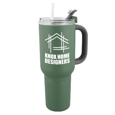 Green tumbler with custom logo in 22 oz.