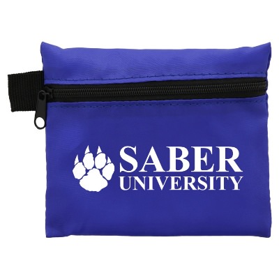 Blue polyester first aid kit with a custom logo.