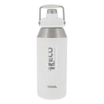 Stainless steel white water bottle with custom engraved logo.