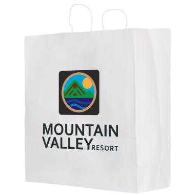 White paper bag with full-color logo.