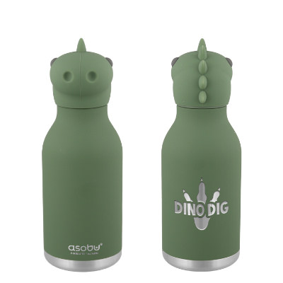 Stainless steel dinosaur water bottle with custom engraved logo in 16 oz.