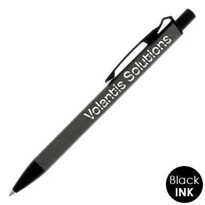 Custom engraved matte metallic aluminum pen with black trim.