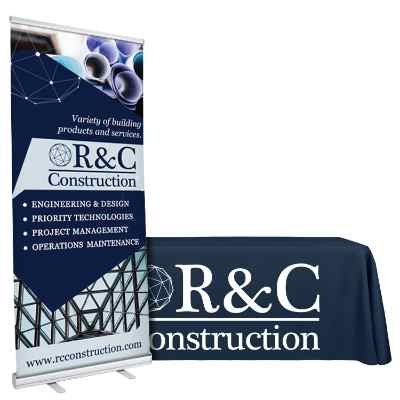 Custom polyester table cover and custom designed 33 inch banner stand trade show package.