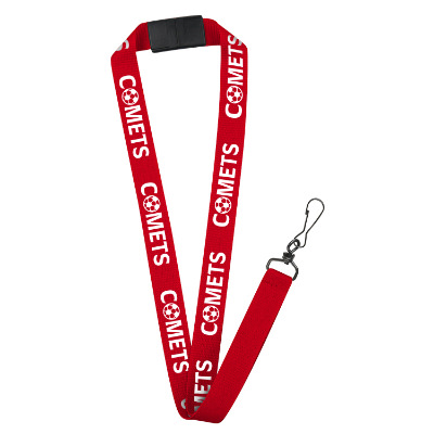 3/4 inch red grosgrain polyester lanyard with custom imprint, breakaway attachment and black j-hook.