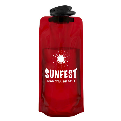 Red drink pouch with custom logo.