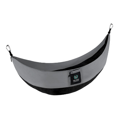 Black and gray nylon hammock with custom full-color logo.