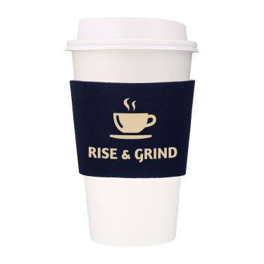 Foam navy blue coffee sleeve with logo.