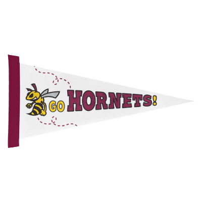White with maroon felt pennant flag with a branded logo.