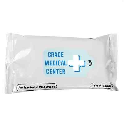 White plastic wet wipe packet with a full color logo.