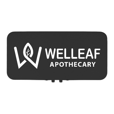 Black tin box with custom logo.