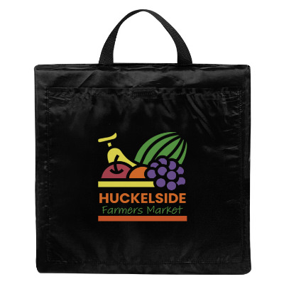 Black polyester seat cushion with a personalized imprint.