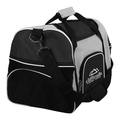 Light gray gym bag with black accents and custom white imprint.
