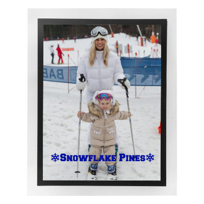 Black plastic picture frame with a personalized logo.