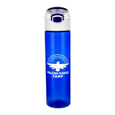 Plastic translucent blue water bottle with custom logo.