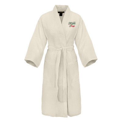 Beige cotton polyester robe with custom embroidered logo.