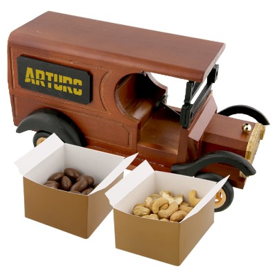 Brown wood truck with a personalized imprint.