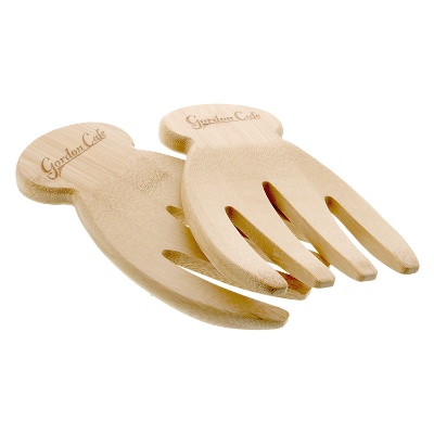 Natural bamboo salad tossing hands with laser engraved imprint.