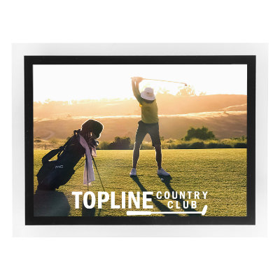 Black plastic picture frame with a personalized logo.