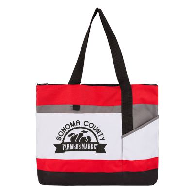 Polyester red superior tote with promotional imprint.