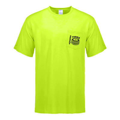 Custom tall safety green pocket t-shirt with one color imprint.