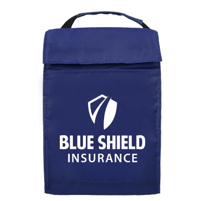 Polyester gray fold-over budget lunch bag with personalized logo.