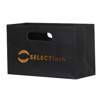 Paper black matte foil stamped boutique shopper tote bag custom imprinted.