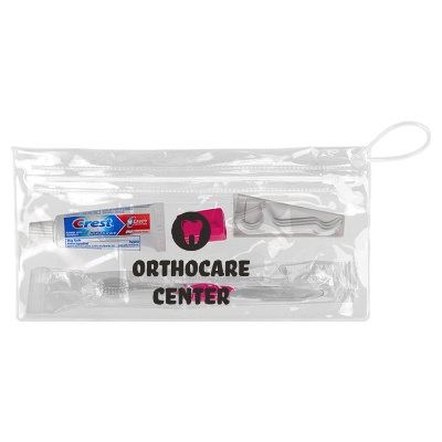 Pink plastic toothbrush with a custom imprint.
