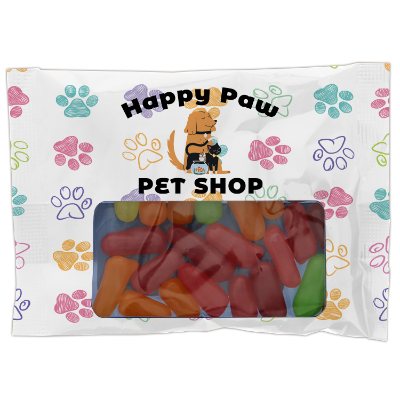 Clear custom full color 2 oz. digibag with mike and ike candies.
