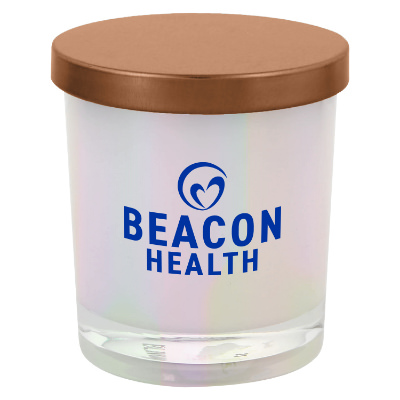 Copper glass candle with a branded logo.