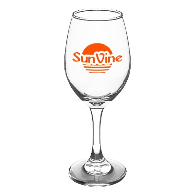 Clear wine glass with custom logo.