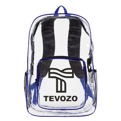 Plastic and polyester blue and clear backpack with custom logo.