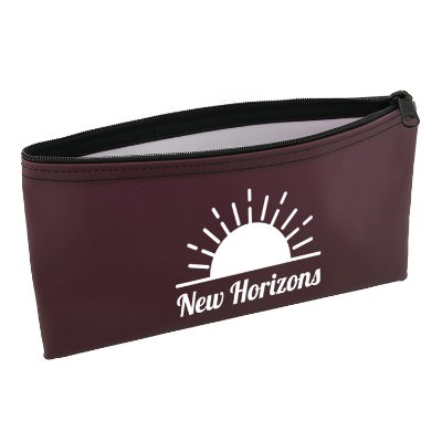 Burgundy nylon pouch wtih a branded imprint.
