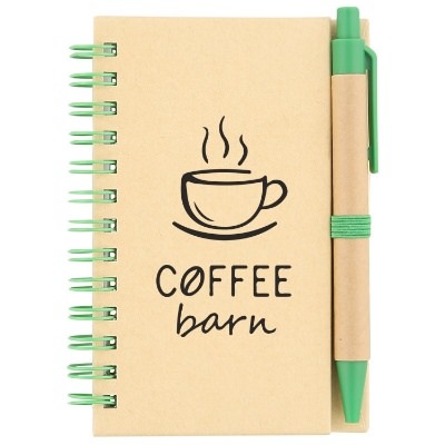 Green cardboard junior notebook with pen and logo.