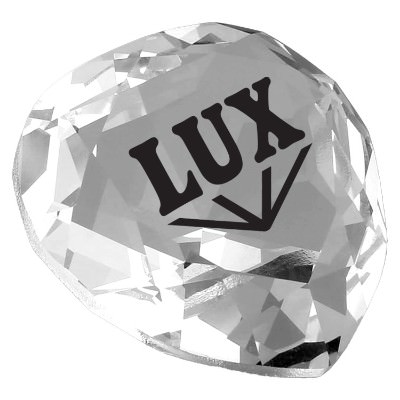Clear glass heart paperweight with custom promotional logo.
