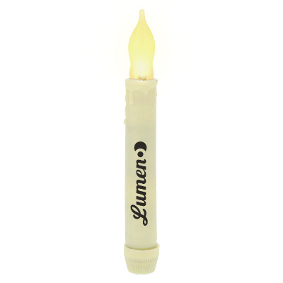 Amber plastic candle with a custom logo.