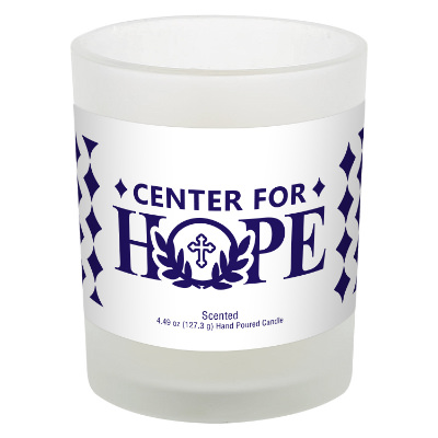 Clear frosted glass candle with a personalized logo.