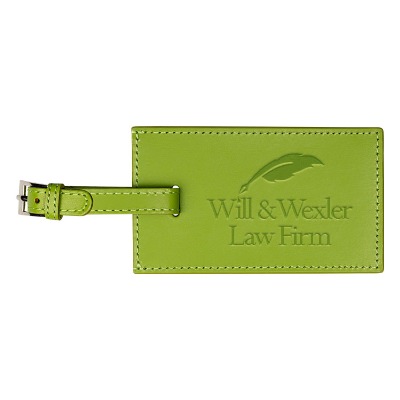 Custom green luggage tag with debossed print.