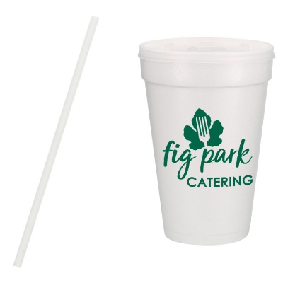 Styrofoam white foam cup with lid and straw and custom imprint in 16 ounces.