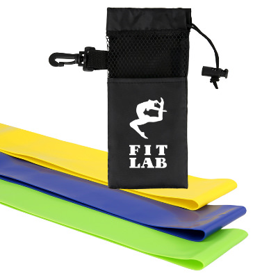 Colorful resistance bands with custom logo on pouch.