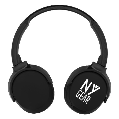 Black plastic headphones with a custom imprint.