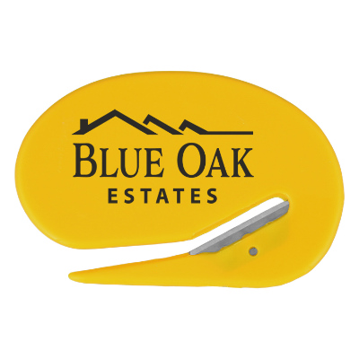 Yellow plastic letter opener with a custom imprint.