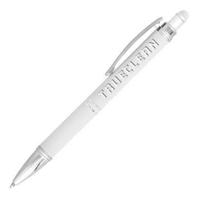 White metal pen with a branded imprint.