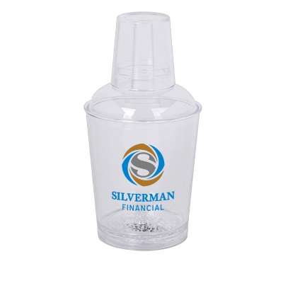 Acrylic clear cocktail shaker with custom full-color logo in 12 ounces.