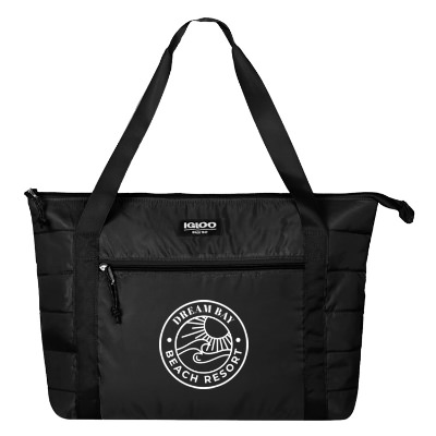 Black polyester cooler with a branded logo.