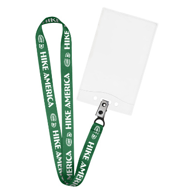 3/4 inch hunter green satin polyester custom lanyard with bulldog clip and event holder.
